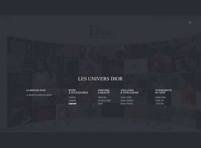Dior.com - menu tronqué en surimpression