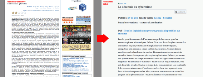 Readability - article de zataz.com sans (à gauche) et avec (à droite) l'extension