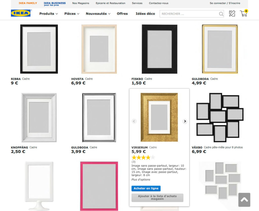 Page liste des cadres sur le site d'IKEA