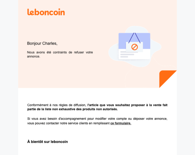 Copie d'écran du mail de refus de publication de Leboncoin