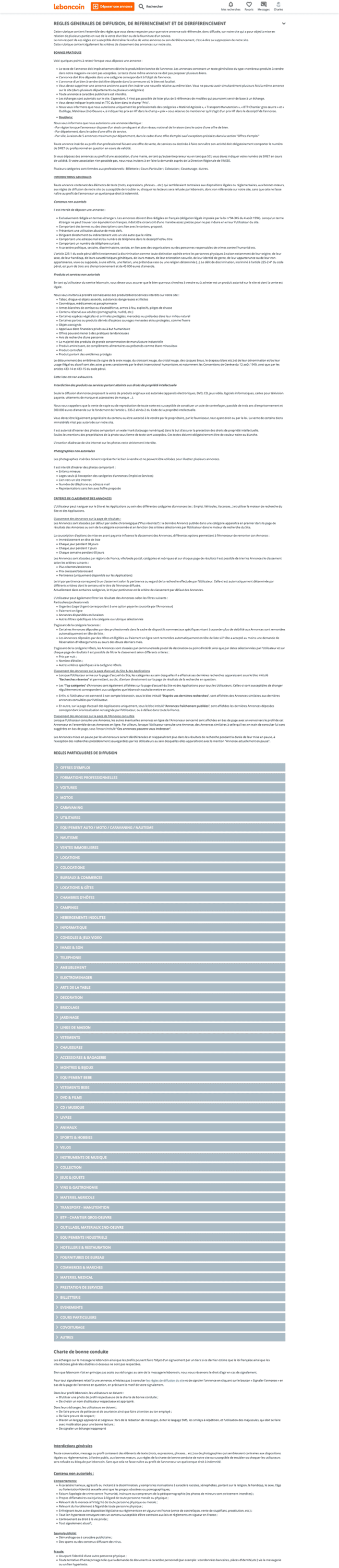 Copie d'écran réduite de la page des règles de publication du site de Leboncoin